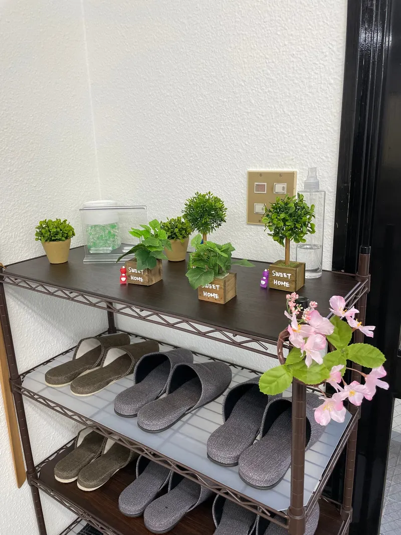 教室の入口。スリッパを並べた棚に観葉植物が飾られている